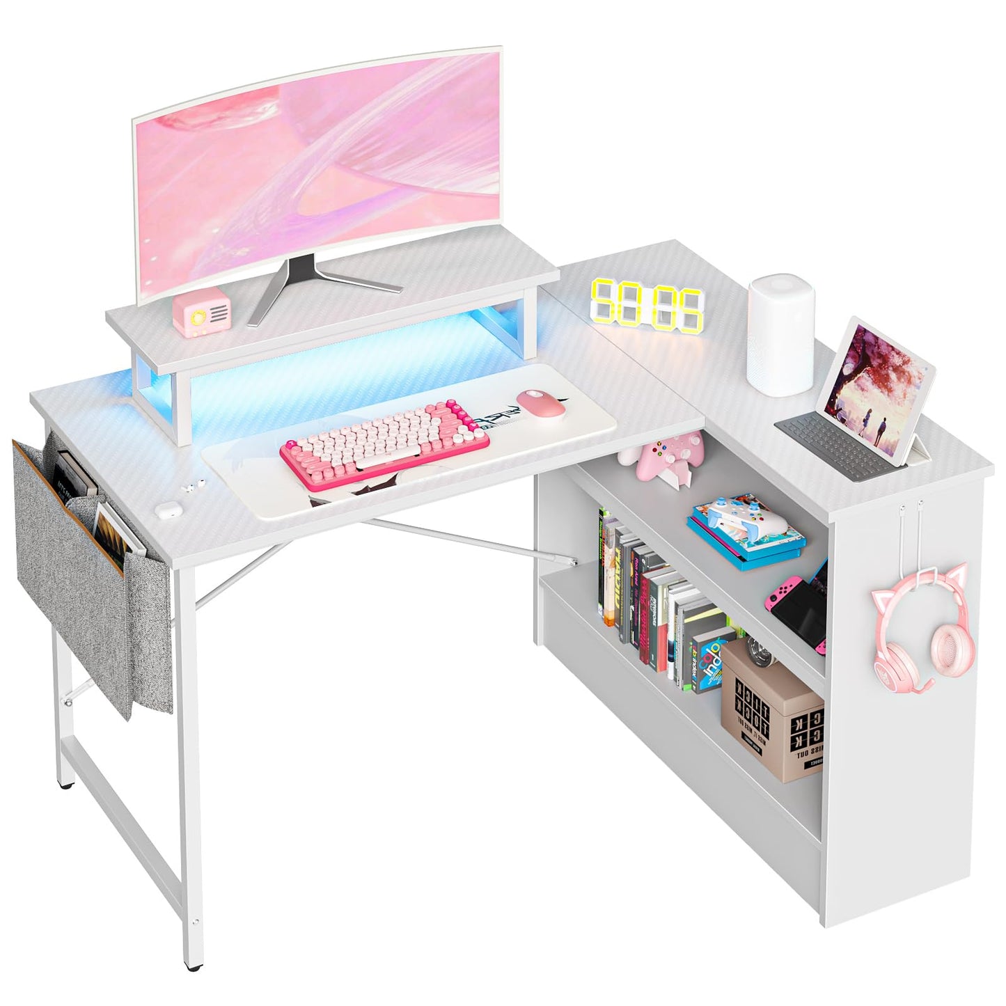 Bestier L Shaped Gaming Desk with LED Lights, 42 Inch Computer Desk with Monitor Stand & Open Storage Cabinet,Writing Study Corner Desk for Home Office Bedroom, White