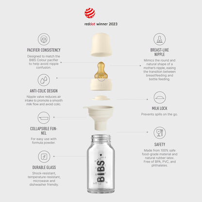 BIBS Baby Glass Bottle Complete Set 110 ml | BPA Free Natural Rubber | Made in Denmark | Ivory