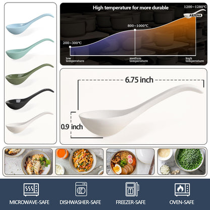 Artena Bright White 6.75 inch Asian Soup Spoons Set of 6, Ultra-fine Porcelain Tablespoon, Chinese/Japanese Kitchen Soup Spoons for Cereal, Ramen Pho - Deep Oval Hook Design