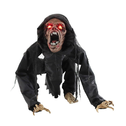Haunted Hill Farm Scary Crouching Zombie, Halloween Animatronic with Touch Activated Lights and Sounds, Battery Operated Indoor or Covered Outdoor Halloween Decorations, Creepy Halloween Props