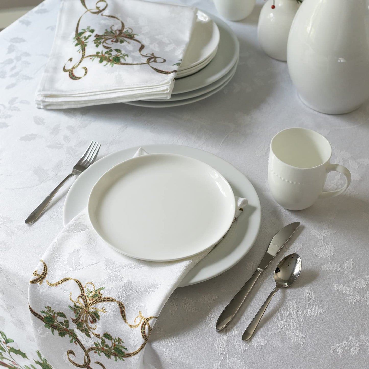 Benson Mills Merry Ribbons Engineered Printed Jacquard Fabric Christmas Table Cloth, Elegant Christmas Tablecloth for All Holiday and Winter (60" x 120" Rectangular)