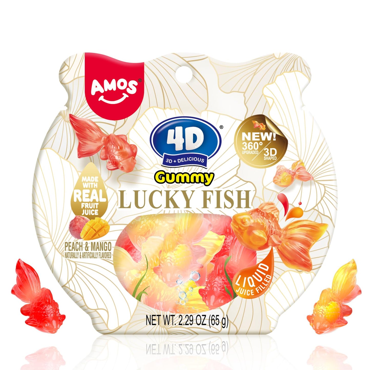 Amos 4D Gummy Lucky Fish Candy, 3D Goldfish-Shaped Gummies with Mango & Peach Juice, 65g per Bag, Gluten-Free Snack