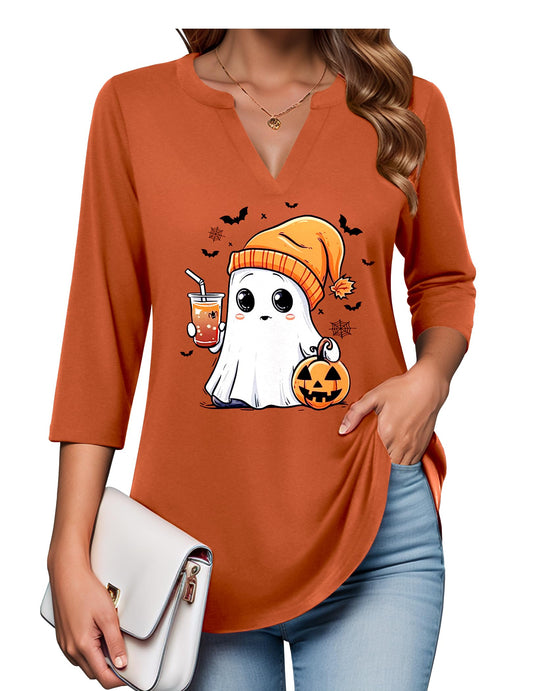 Zeagoo Tunic For Women 3/4 Sleeve Tops Halloween Thanksgiving V Neck Shirts Orange Spooky XXXL