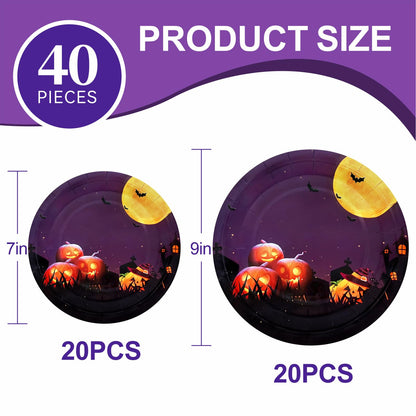 Aixuler Halloween Paper Plates, 40pcs Party Paper Plates Set Disposable Halloween Party Food Dinner Dessert Plates Tableware Decorations Favors, Including 20pcs 9" and 20pcs 7" for Halloween Plates