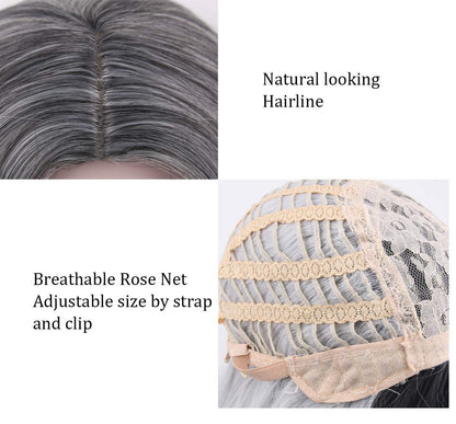 Beautyself Silver Grey Costume Wigs for Women Halloween Curly Long Wavy Fashion Cosplay Ombre Black Mix Gray Hair Wigs with Wig Cap