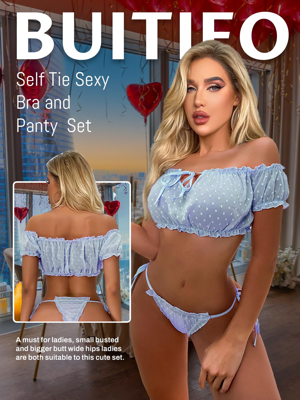 Buitifo Women Lingerie Set Lace Babydoll Self Tie Sexy Bra and Panty Pajamas Set (Blue,XL)
