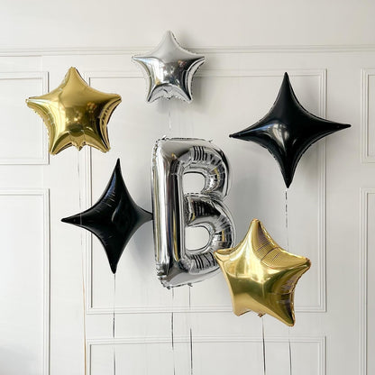 Black Star Balloons,12Pcs Four Angle Star Foil Balloons,26Inch and 10Inch Black Quadrangle Helium Polyester Film Balloon for Birthday Anniversary Baby Shower Wedding Party Decorations