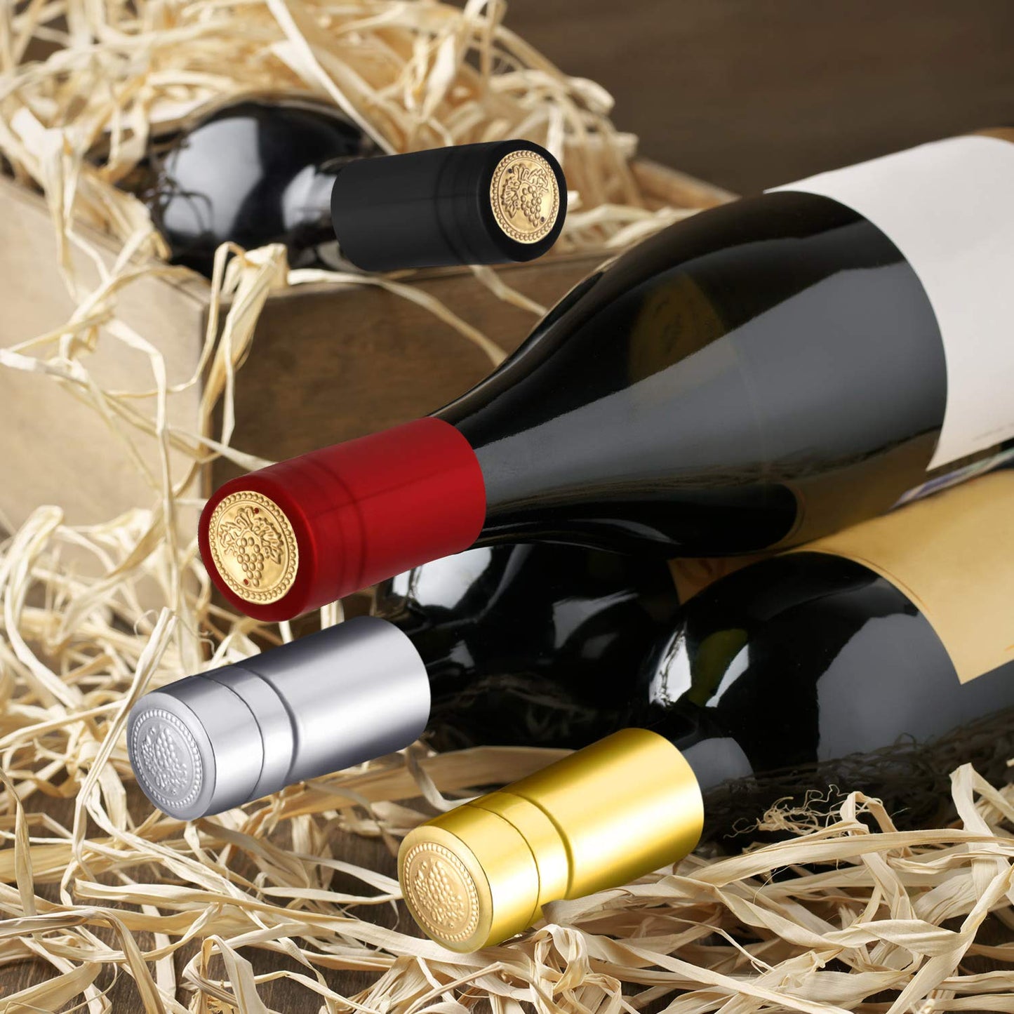 Blulu 200 Pcs Wine Sealer for Bottles PVC Heat Shrink Capsules Bottle Caps for Wine Making Cellars and Home Use (Black,Red,Gold,Silver)