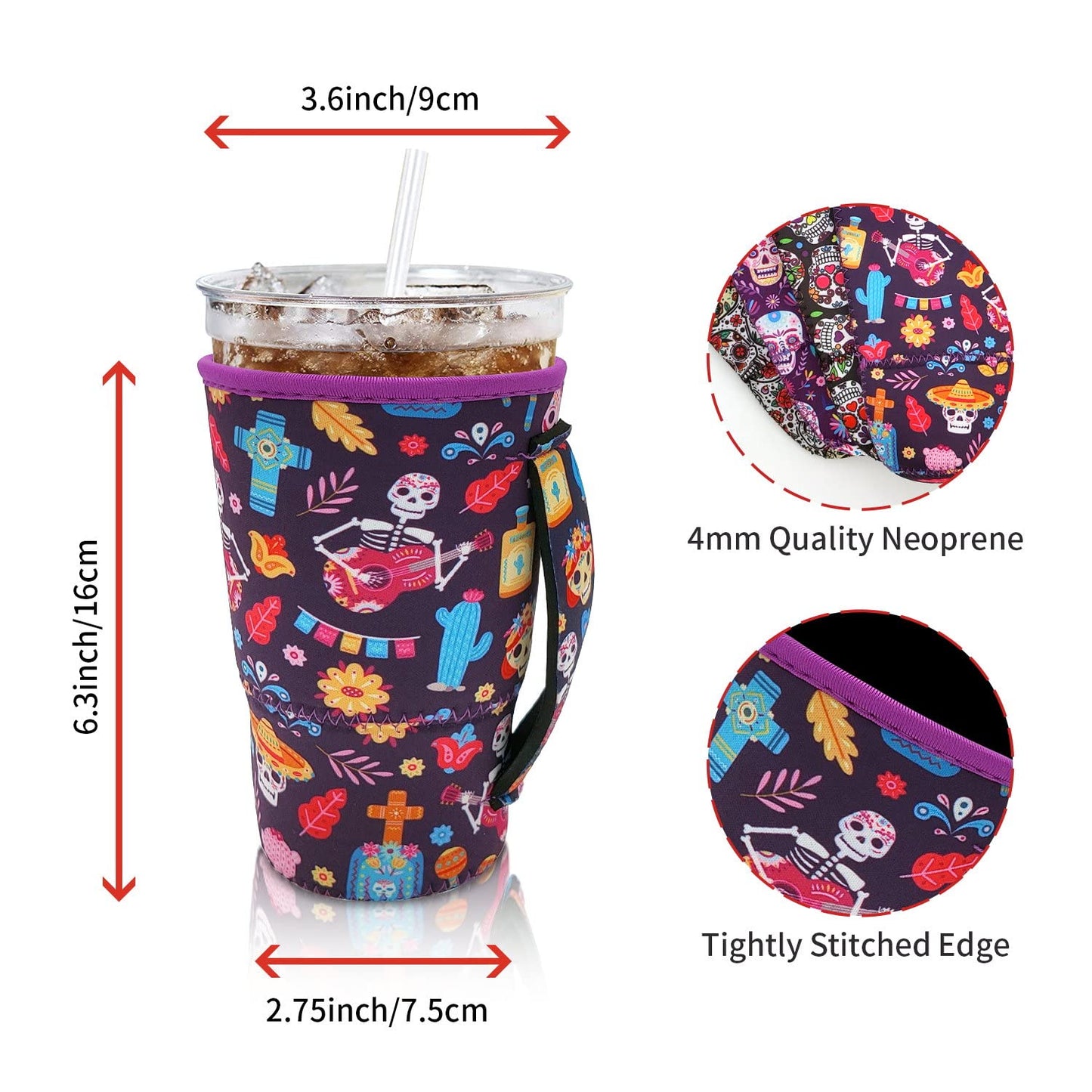 4Pack Reusable Iced Coffee Sleeve Insulator Sleeves for Cold Drinks Beverages, Neoprene Cup Holder for Most Coffee, Fits 30-32oz Large Cups (Sugar Skull with handle)