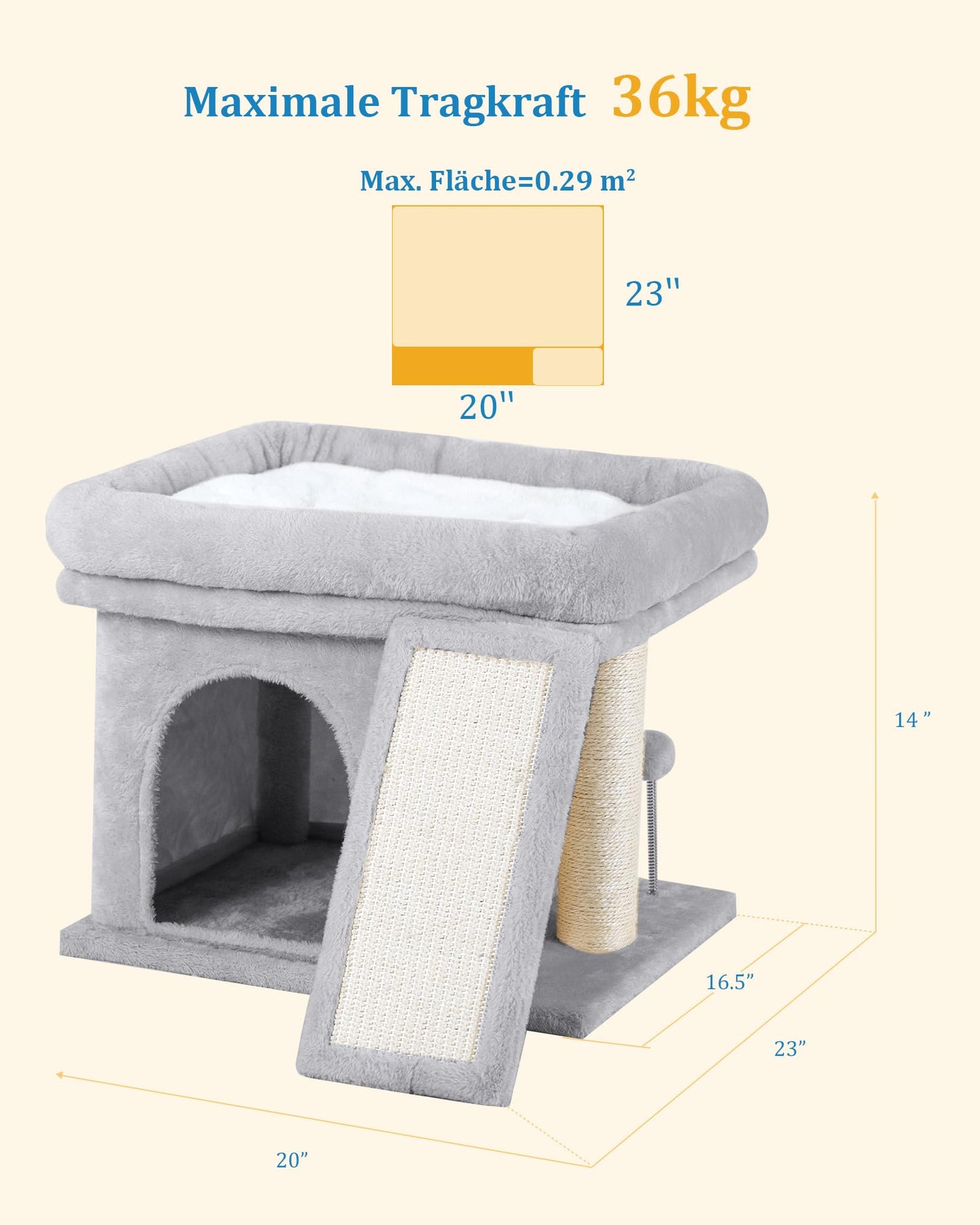 Aechonow 14in Cat Tree Tower with 20 * 16.5in Perch Bed and Washable Top for Large Adult Cats, Condo and Scratching Post for Indoor Kitten Pet, Light Gray