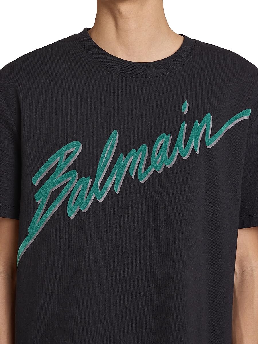 Balmain, Flocked Logo Cotton T-Shirt, Small, Noir Emeraude