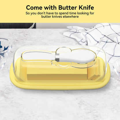 Butter Dish with Lid and Knife for Countertop and Refrigerator, Butter Stick Holder with Airtight Transparent Cover that Keeps Butter Soft