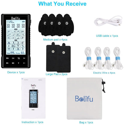 Belifu 4 Channel Tens Unit Electro Muscle Stimulator, Fully Isolated with Independent 24 Modes, Rechargeable Pulse Massager with Electrodes Pads for Neck Back Arms Chronic Pain Relief Body Building