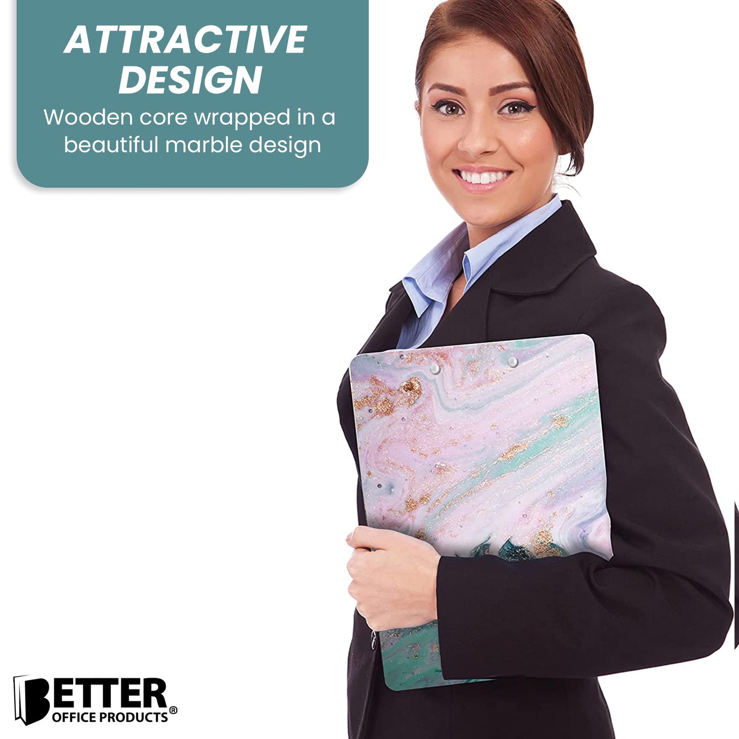 Better Office Products Fashion Clipboard, Marble Design, Standard A4 Letter Size, 12.5" x 9", Wooden Clipboard, Low Profile Clip with Retractable Hanging Tab, Decorative Clipboard (Marble Swirl)