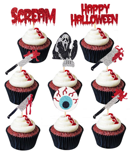 Wolpark 25pcs Have a Killer Halloween Cake Toppers Glitter Scream Cupcake Toppers Ghost Face Decorations for Scream Theme Birthday Halloween Party Cake Decorations Supplies