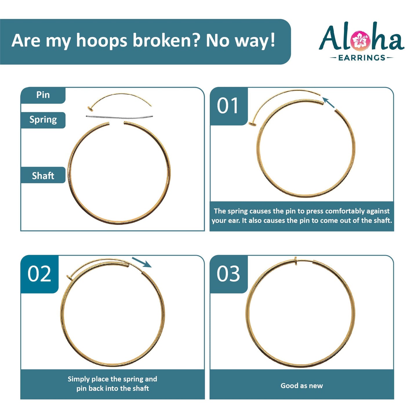 Aloha Earrings - Clip On Hoop Earrings for Women - Silver and Gold-Tone Brass Spring Hoops for Non-Pierced Ears