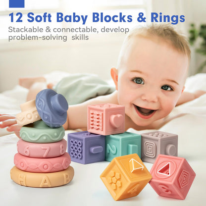 Baby Sensory Teething Toys Set, Montessori Baby Toys 6-12 Months, Incl Newborn Rattle Teether & Baby Blocks & Soft Stacking Rings, Ideal Babies Boy Girl Gifts, Infant Toys 0-3-6-9-12-18 Month