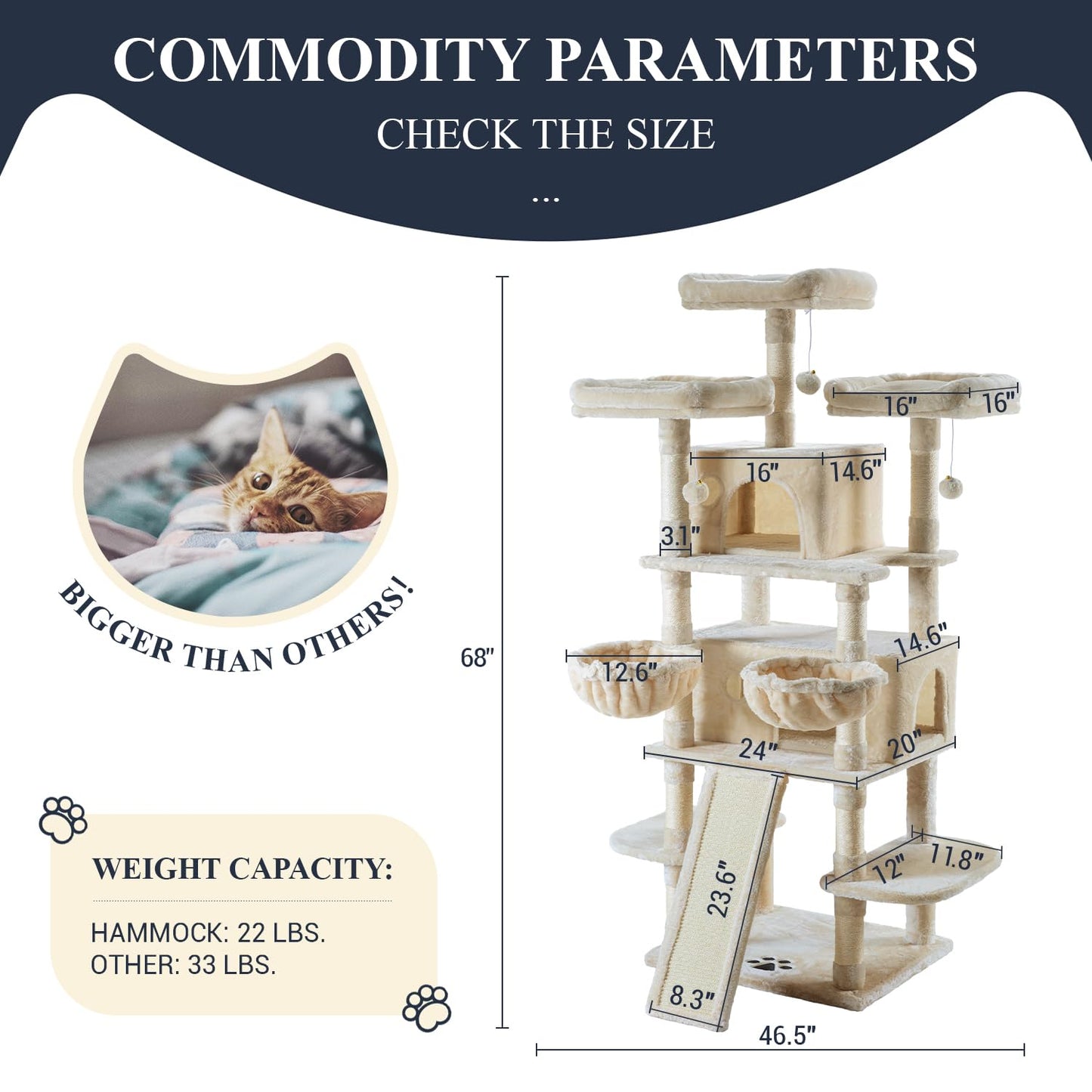 Allewie 68 Inches Cat Tree/House and Towers for Big Feline/Scratching Post/Multi-Level Large Kitty Climbing Tree with Condo/Beige