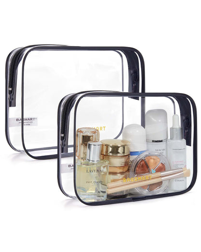 BAGSMART Clear Toiletry Bag, 2 Packs TSA Approved Water resistant Quart Size Travel Organizer, Airport Airline Travel Essential Carry On Makeup Cosmetic Bags for Women, Black