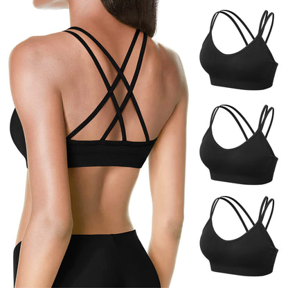 3 Pack Strappy Women Sports Bras Crisscross Back Medium Impact Workout Running Yoga Bra with Padded Removal Cups