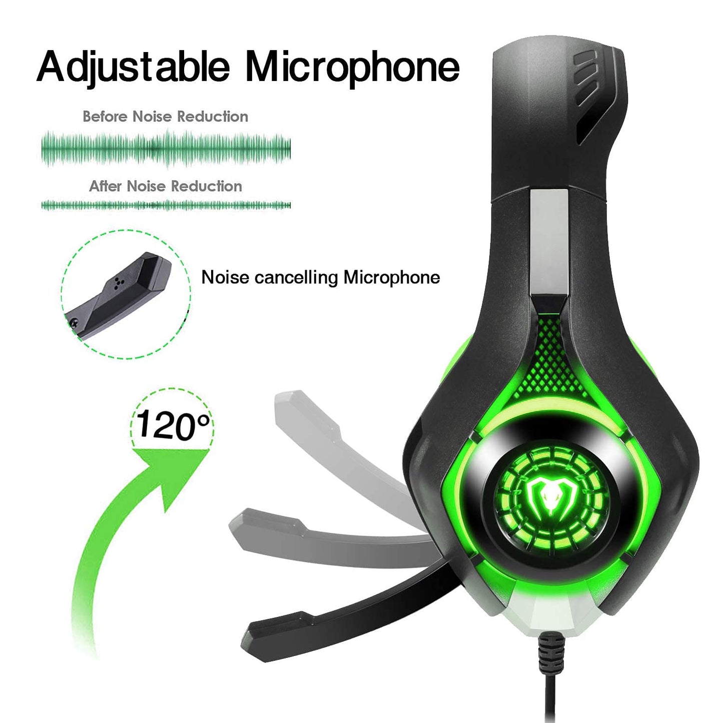 BlueFire Stereo Gaming Headset for PlayStation 4 PS4 PS5, Over-Ear Headphones with Mic and LED Lights for Xbox One, PC, Laptop(Green)
