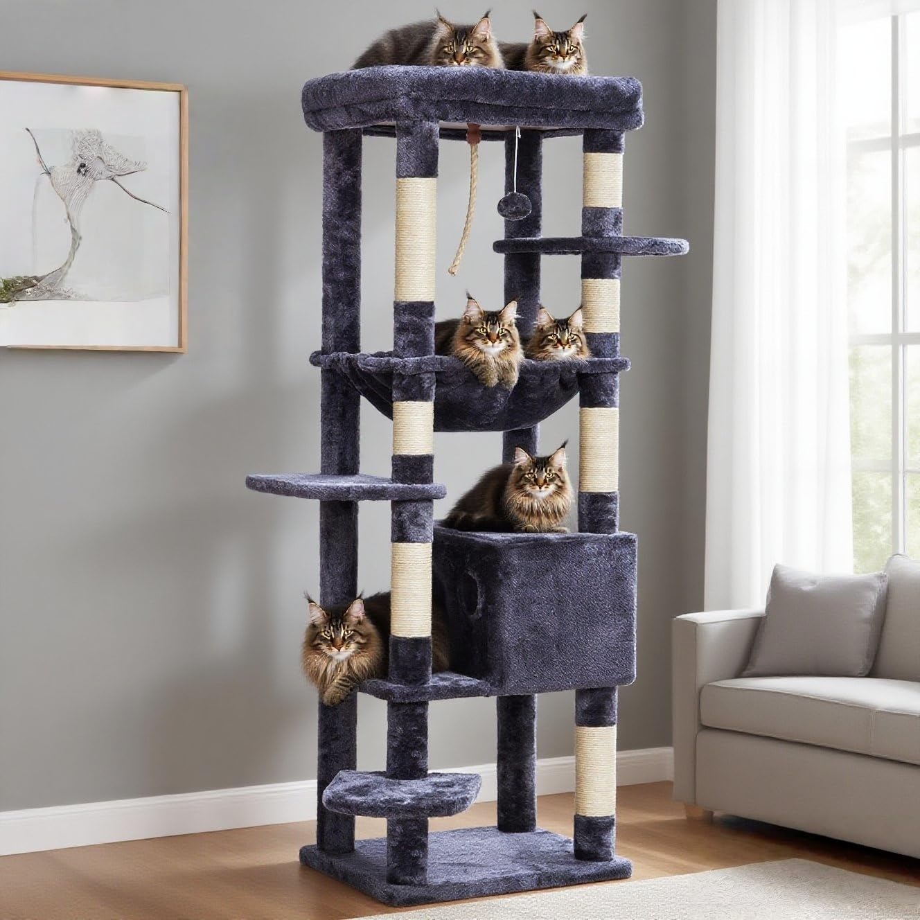 Heybly Cat Tree for Large Cats 20lbs Heavy Duty, 60 inches XXL Cat Tower for Indoor Cats, Multi-Level Furniture Condo with Big Padded Plush Perch, Cozy Basket, Smoky Gray HCT050G