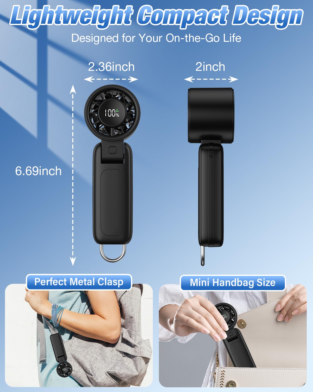 4 in 1 Handheld Portable Turbo Fan, 180° Foldable 6-Speed (1-100) Mini Fan, 5000mAh Rechargeable Battery Operated up to 15 Working Hours, LED Display Personal Cooling for Travel Indoor Outdoor Purple