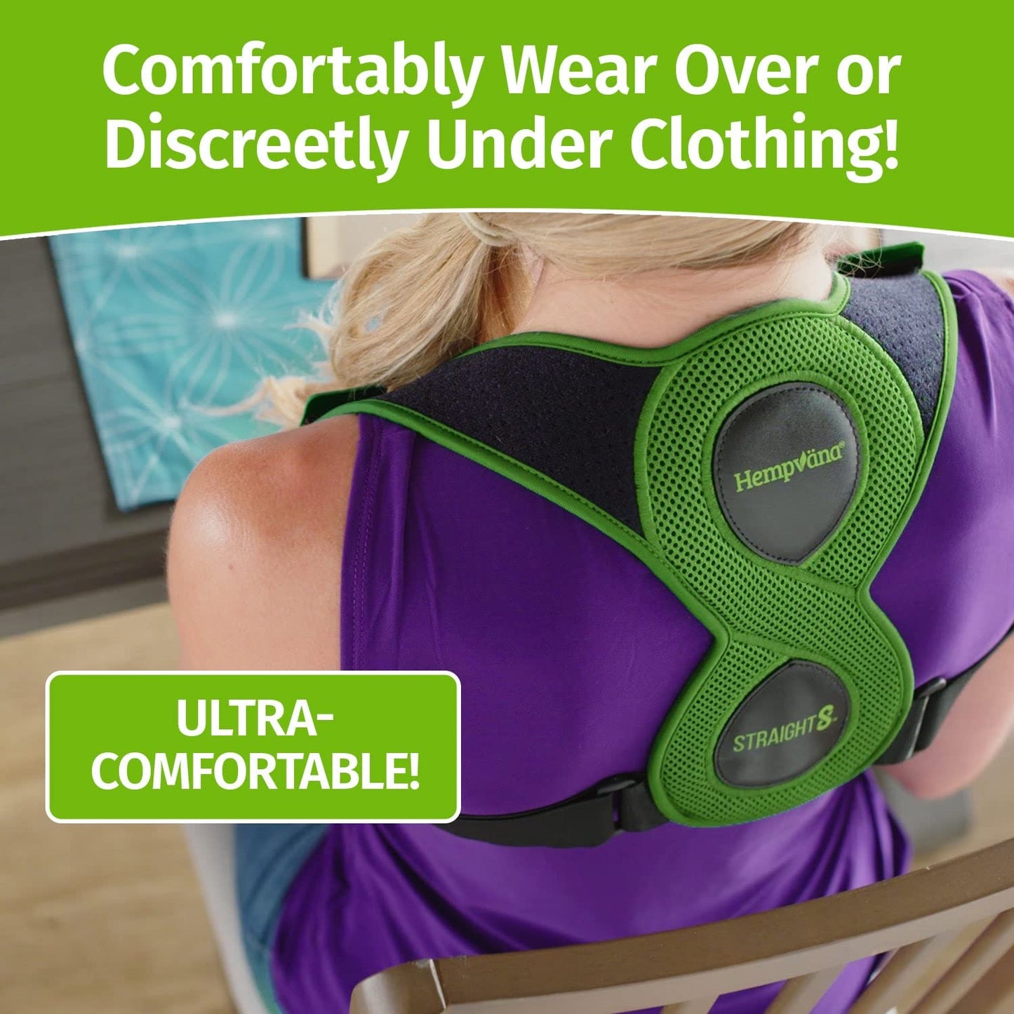 Hempvana Straight 8 Fully Adjustable Lightweight Posture Corrector, AS-SEEN-ON-TV, Helps Relieve Back Strain, Slouching & Text Neck, Moisture-Wicking Hemp Fibers, Eight Points of Support, Unisex