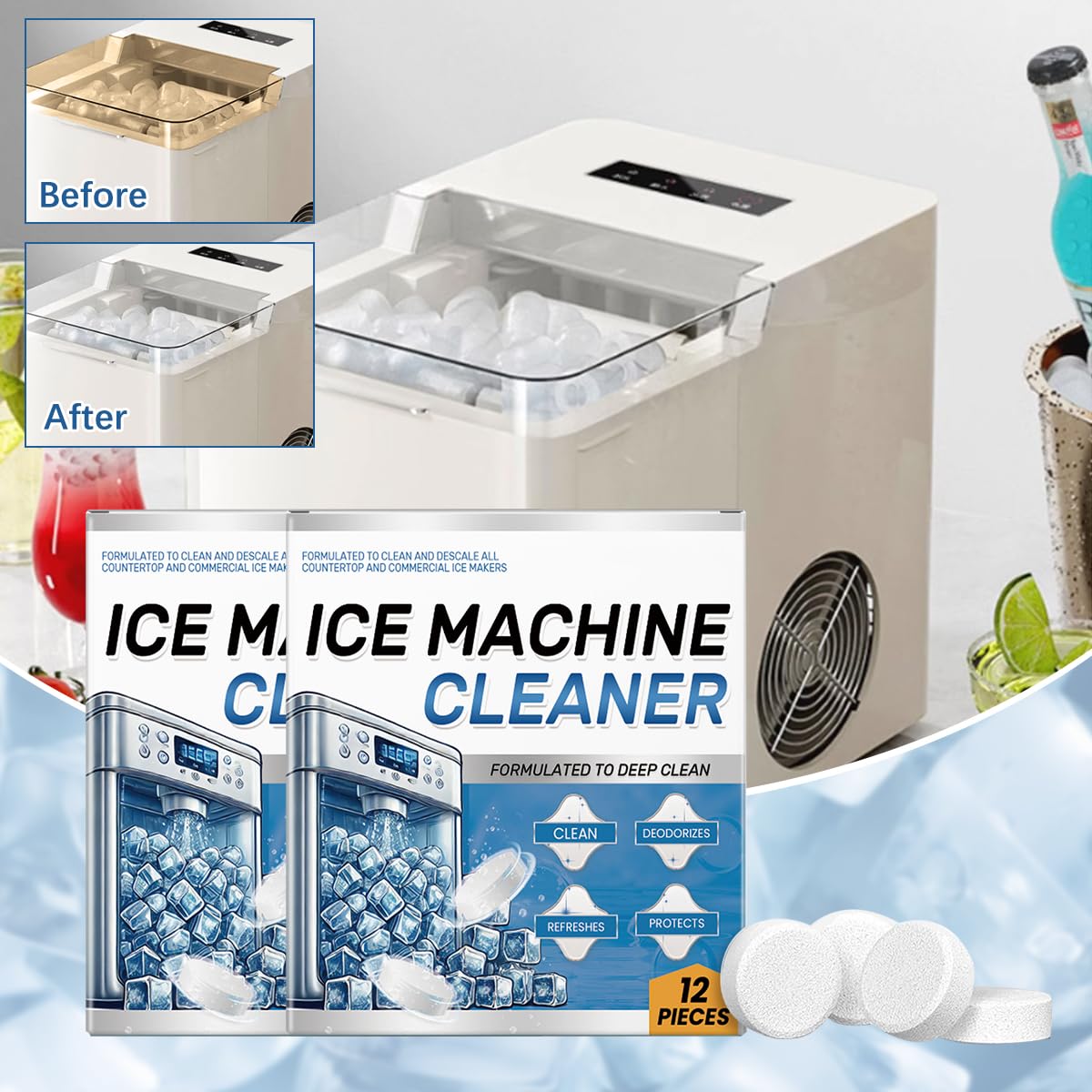 Ice Machine Cleaner Maker Descaler - 24 Clean Tablets- Bulk 1 Year Supply, Compatible with Opal,Frigidaire, Nickel Safe Scale Remover for Countertop, Nugget Ice Makers