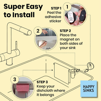 HAPPY SINKS Magnetic Dish Cloth Holder - Suitable for Metal Sinks - Strong Magnetic Backing - Sustainable Kitchen Solution - Wash Rag Hanger - (Steel)