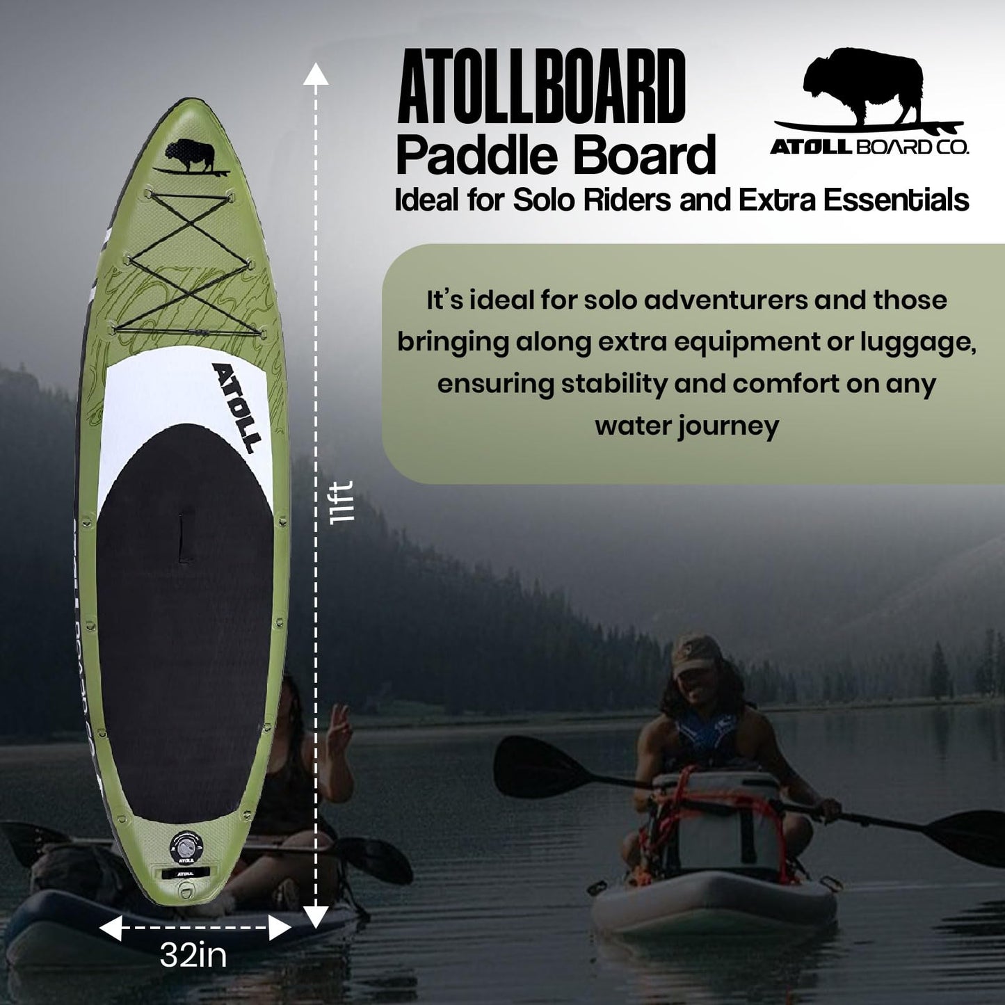 Atoll Inflatable Paddle Board with Premium SUP Stand Up Paddle Board Accessories & Back Pack, Non-Slip Comfort Deck for Unisex Adult - 11ft (Army Green)