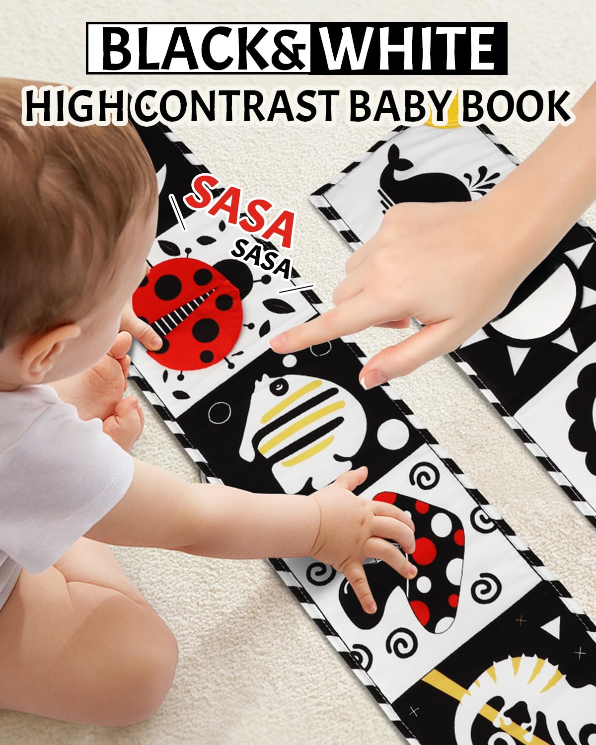 High Contrast Baby Book with Teether, Black and White Baby Book, 0-6-12 Months Soft Book for Newborn, Sensory Books, Montessori Learning Activities for Babies, Easter Basket Stuffer