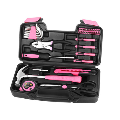 39 Piece All Purpose Basic Household Pink Tool Kit for Women - Small Tool Set with Toolbox Great for Home, Garage, Office and College Dormitory Use