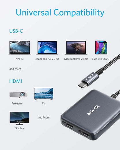 Anker USB C to Dual HDMI Adapter, Compact and Portable USB C Adapter, Supports 4K@60Hz and Dual 4K@30Hz, for MacBook/LenovoYoga/Thinkpad, XPS,[macOS only Support SST Mode]