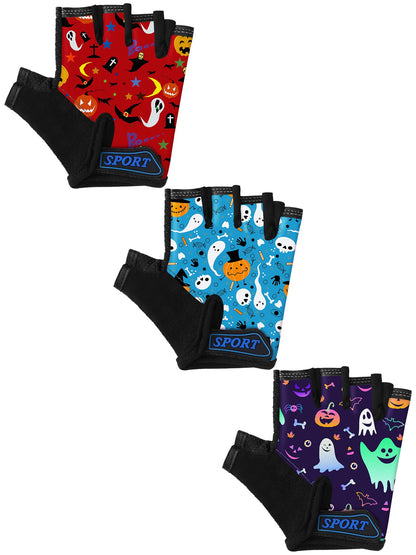 Boao 3 Pairs Kids Bike Gloves Kids Half Finger Fingerless Workout Gloves Non-Slip Gel for Bike Motorcycle(Halloween 1,3-5 Years)