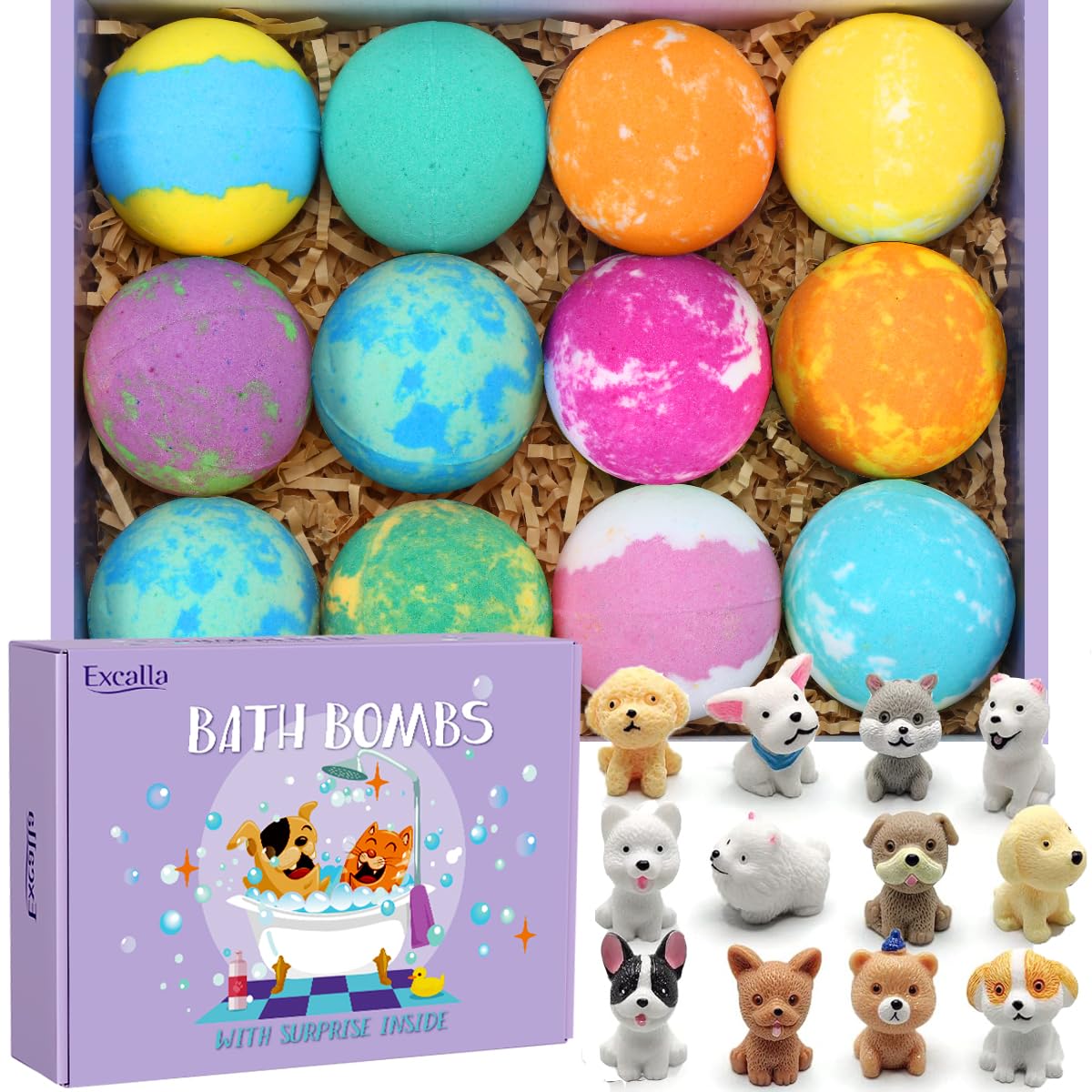Bath Bombs for Kids with Surprise Toys Inside for Girls Boys - 12 PCs Bubble Bath Fizz Balls Gift Set with Puppy Toy, Gentle and Kids Safe for Easter Eggs Stuffers