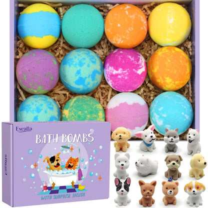 Bath Bombs for Kids with Surprise Toys Inside for Girls Boys - 12 PCs Bubble Bath Fizz Balls Gift Set with Puppy Toy, Gentle and Kids Safe for Easter Eggs Stuffers