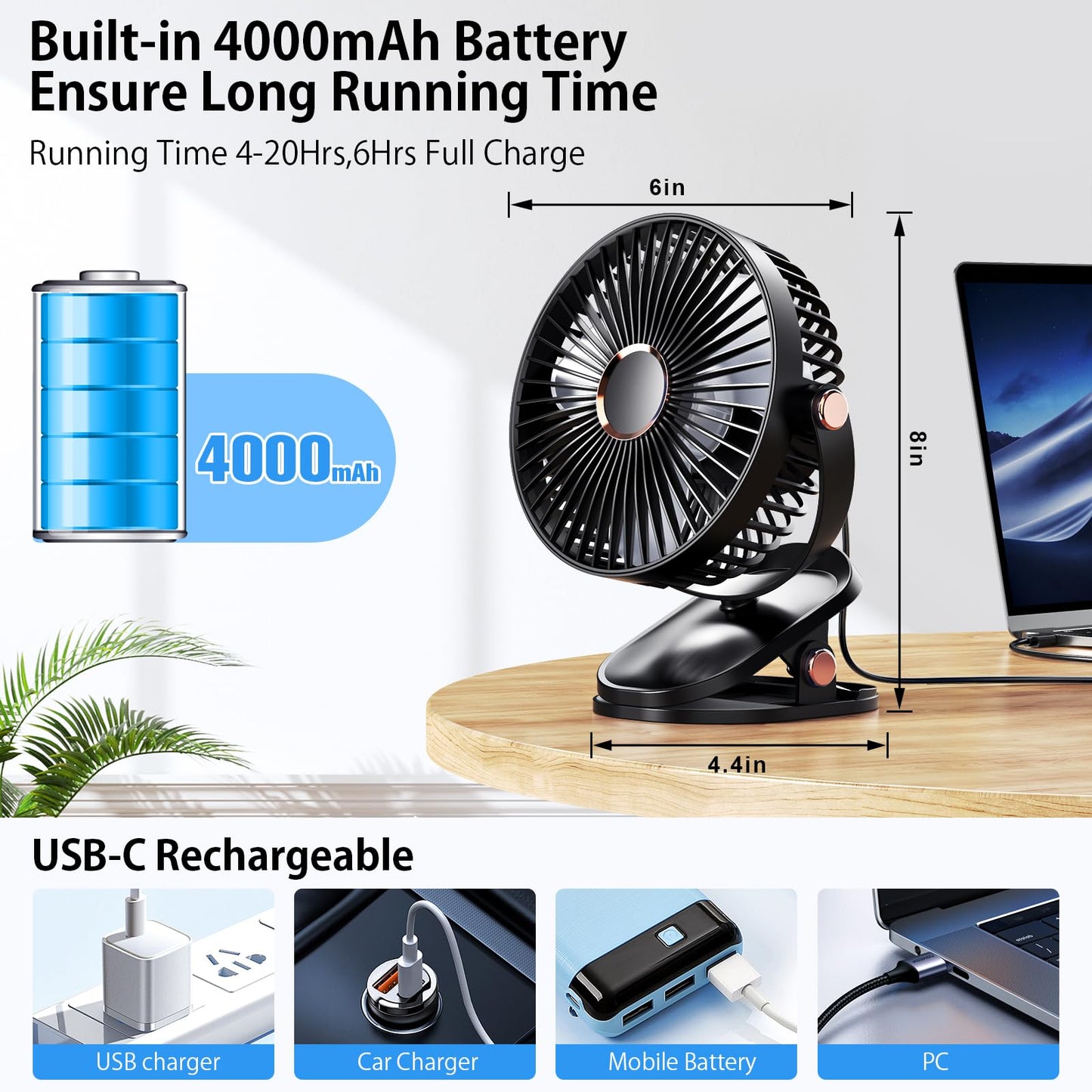 iNeibo 4000mAh Portable Clip on Fan with LED Lights, Battery Operated USB Desk Fan,4 Speed Quiet Rechargeable Mini Table Fan, 360° Rotate Personal Cooling Fan for Home Office Stroller Camping (Black)