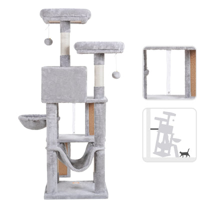 Heybly Cat Tree, Cat Tower for Indoor Cats, Multi-Level Cat Furniture Condo for Cats with Padded Plush Perch, Cozy Basket and Scratching Board, Light Gray HCT014W