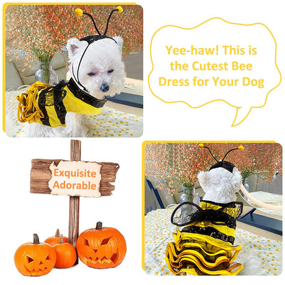 Bee Dog Costume - Bumblebee Pet Dress with Cap - Funny Halloween Outfit for Small, Medium, Large Dogs & Cats