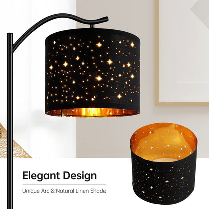 BoostArea Floor Lamp for Living Room,LED Arched Tall Modern Standing Lamp with Bohemian Linen Shade, E26 Socket, Footswitch,Black Mid Century Floor Lamp for Bedrooms,Office,Star Shade