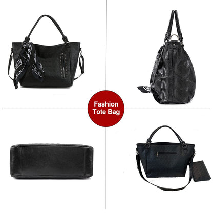 Women Skull Tote Bag Revit Studded Handbag Pu Leather Purse and Wallet Scarf 3Pcs Set