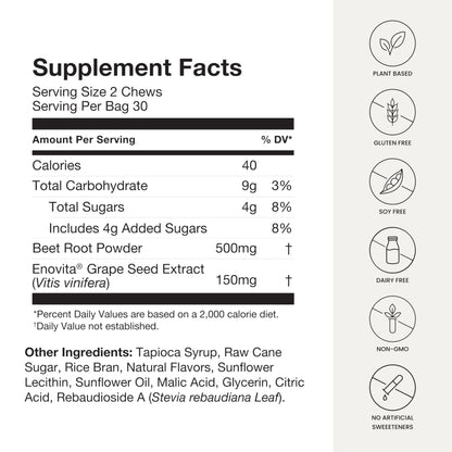 HumanN SuperBeets Heart Chews, Nitric Oxide and Blood Pressure Support, Grape Seed Extract & Non-GMO Beet Root Powder Energy Supplement, Pomegranate Berry Flavor, 60 Count