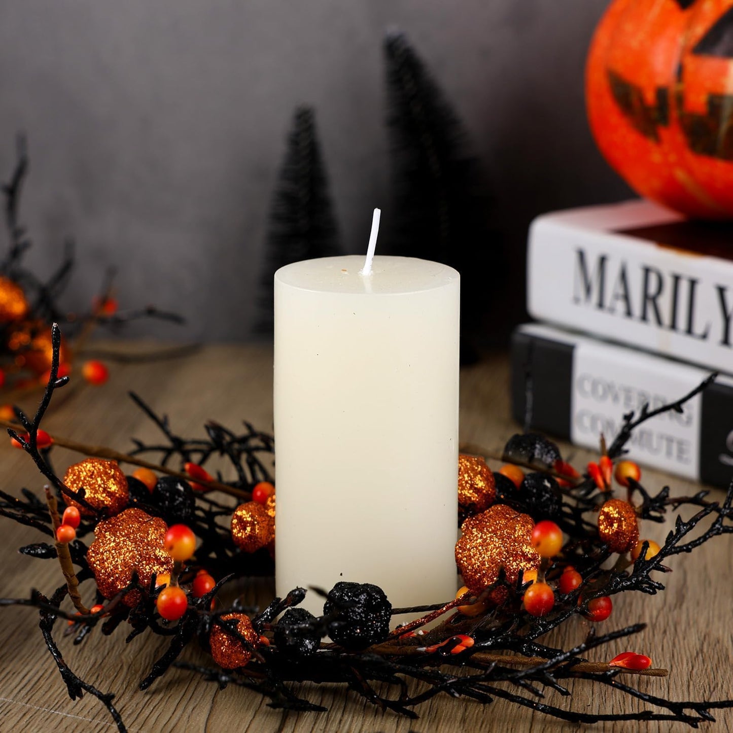 6 PCS Halloween Swags Wreaths Black Berry Cabinet Hanging Decorative Wreaths 3.5 Inch Halloween Candle Rings Berries & Pumpkin Candle Rings for Front Door Home Wall Decor Party Outdoor Indoor Supply