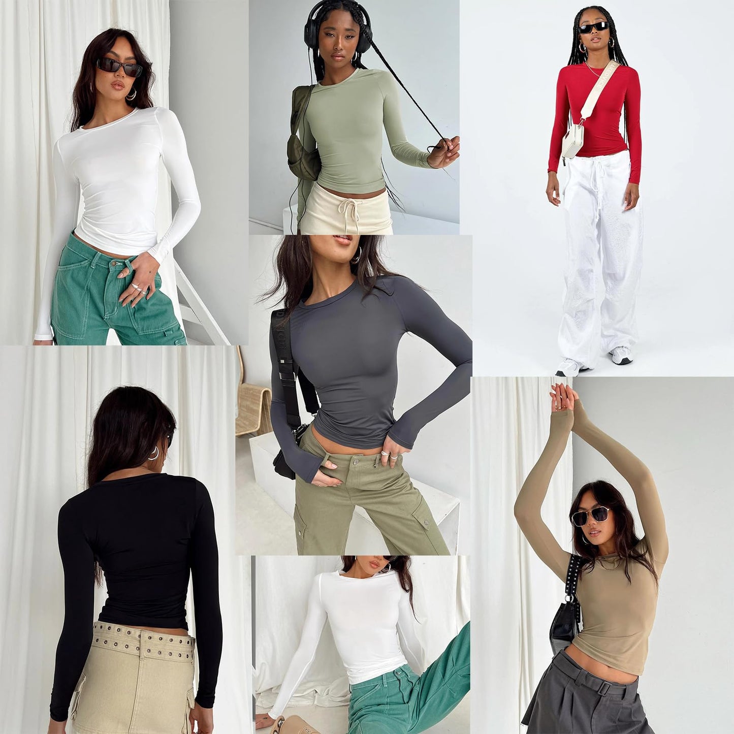 Abardsion Women's Long Sleeve Shirts Spring 2025 Casual Basic Going Out Crop Tops Slim Fit Tight Y2K Clothes(Black, S)