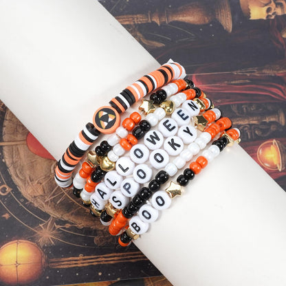 Ardorchid Halloween Bracelets for Women Spooky Boo Beaded Stackable Letter Bracelet Boho Clay Heishi Bracelets Halloween Party Jewelry