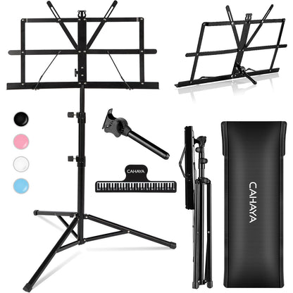 CAHAYA Portable Sheet Music Stand: Dual Use Desktop Book Holder Folding Lightweight Extra Stable Reinforced with Carrying Bag and Clip for Students Musicians Height Adjustable up to 54.3" CMS0204