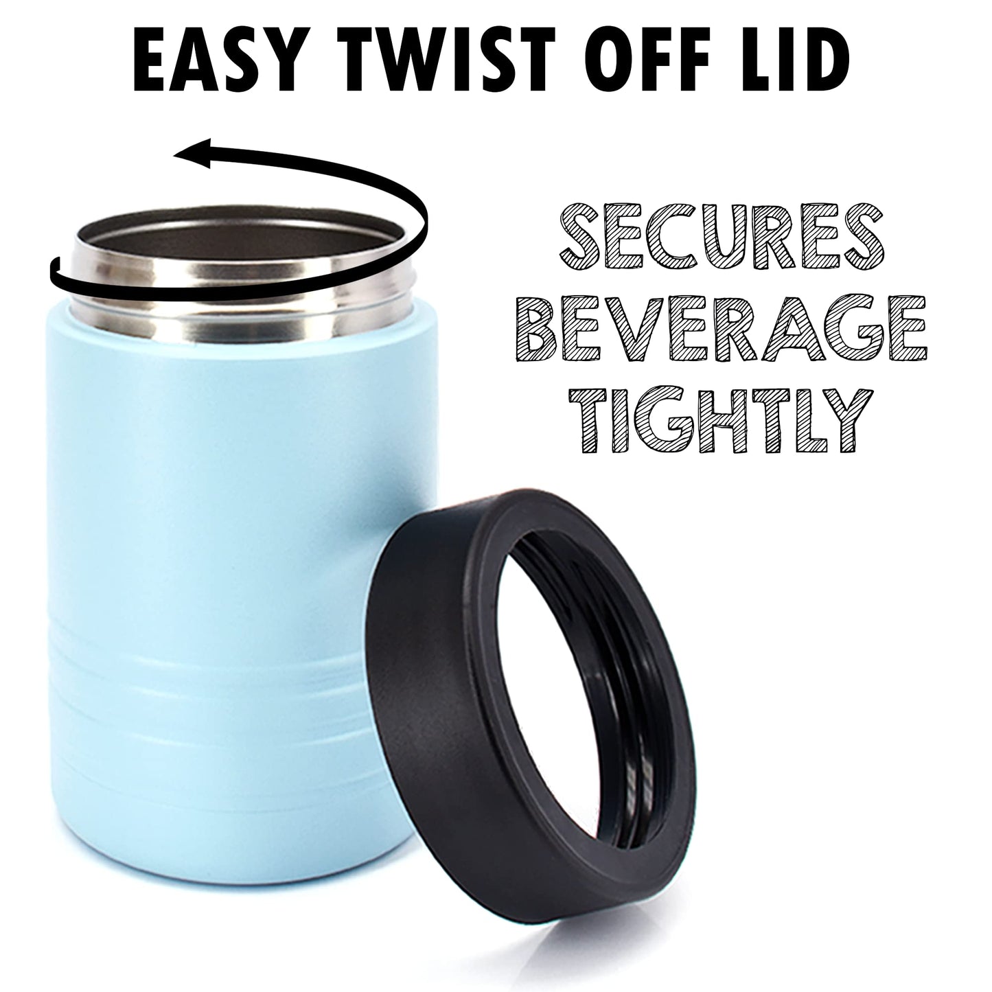 4-in-1 Stainless Steel 12 oz Double Wall Vacuum Insulated Can or Bottle Cooler Keeps Beverage Cold for Hours - Also Fits 16 oz Cans - Powder Coated Light Blue - Clear Water Home Goods