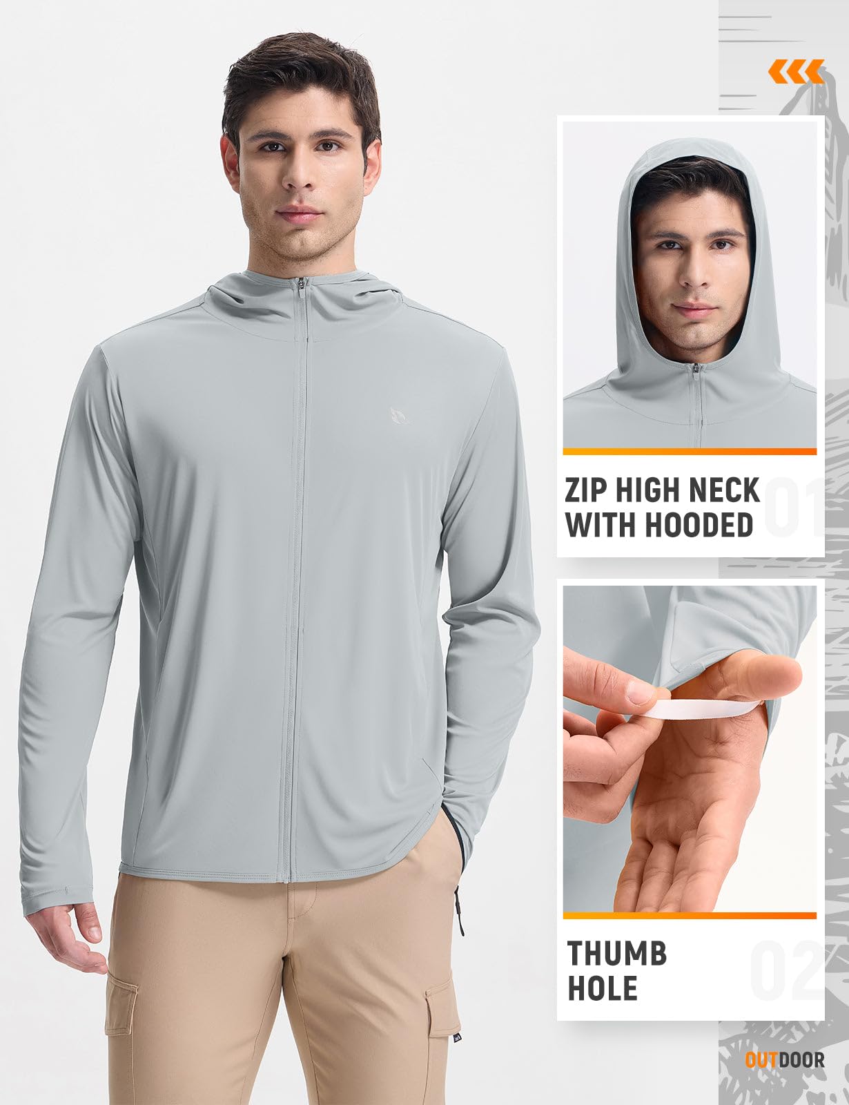 baleaf Men's UPF 50+ Sun Protection Hoodie Full Zip Jacket Lightweight Long Sleeve Cooling Shirts Pockets Hiking Fishing Light Gray M