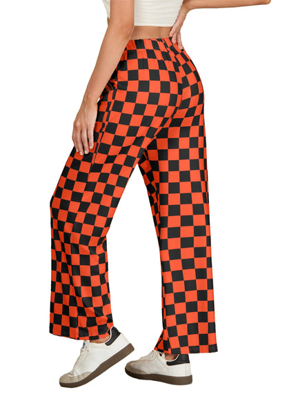 Women's Halloween Wide Leg Pants Checkered Casual Loose High Waist Loungewear Y2K Teen Gingham Sweatpants Summer Black Orange Plaid, L
